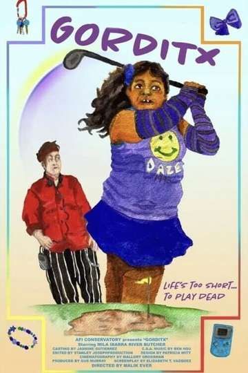 Hand-drawn illustration of a young brown skinned girl swinging a golf club and gazing towards the right. Her long and voluminous curly brown hair is in a ponytail and she is wearing a purple tank, skirt, and arm warmers. A yellow smiley face with the words "Daze 1998" is printed in the centre of her tank top. Behind her is her unassuming coach, a fair-skinned trans masc chef wearing chef attire and a digital device strapped to their belt. The poster background is a soft and cheerful gradient shifting from light blue to a pale orange. On each of the four corners there is one symbol: a keychain, a purple bow, a charm bracelet, and a blue Nintendo Game Boy original console. The title of the film is written at the top of the poster in purple text that looks like it was drawn with a child's marker. Above the bottom right corner is the film's tagline: "Life's too short... to play dead."
