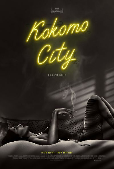 Black and white film noir style photograph of a Black trans woman laying on her back on a hotel bed and gazing towards the ceiling with a cigarette daintily in her hand. The caption "Their bodies. Their business" is placed in a small but bright yellow font at the bottom of the poster. The film title is in a yellow neon-sign style of writing at the top center of the poster.