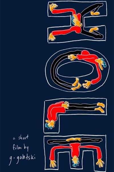 A drawn image with a dark blue background on the right side is the title of the film "Hole". Inside each bubble letter is someone stretching to make the shape inside the letter. The drawn character has yellow skin, a red long-sleeved top, black pants and blue short curly hair.