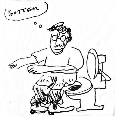 Loose line drawing of gil goletski sitting on or maybe standing beside a toilet. They have a squiggle suggesting short curly hair, glasses, and a mustache. A thought bubble above their head reads "gottem".