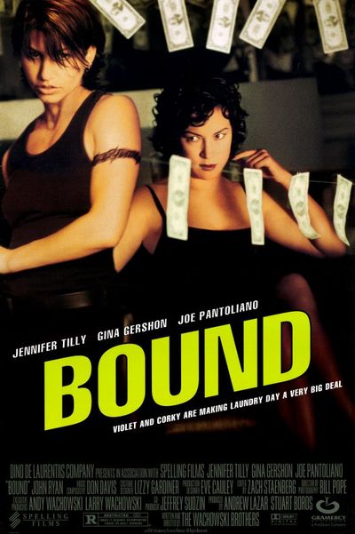 The poster features two women with light tan skin and black tank tops in front of a wall, with a string of dollar bills suspended on a laundry line in front of them. The one on the left is Corky, who has short dark reddish-brown hair and is portrayed by Gina Gershon. She stands with her back to the other character, staring past the camera with an intense expression. On the right is Violet, who has curly black hair and is portrayed by Jennifer Tilly. She stares intently at Corky's back. At the bottom of the poster, the film's title "Bound" slants upwards in green text. Above the title in white text reads the names of the stars, "Jennifer Tilly, Gina Gershon, Joe Pantoliano." Below the title in white text reads the tagline, "Violet and Corky are making laundry day a very big deal."