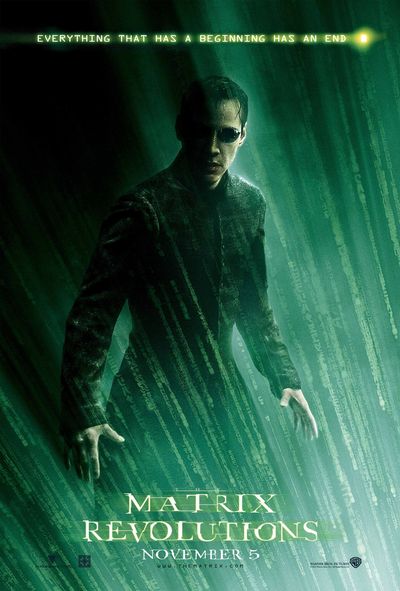 Neo, a white man with black hair wearing sunglasses and a black coat, portrayed by Keanu Reeves, stands drenched in water and ready for action amid a downpour of green computer code which resembles rain. A misty green light shines from the bottom right corner of the poster, casting Neo in its glow and fading to total darkness at the upper right edge of the poster. The film's title, "The Matrix Revolutions" appears in jagged glowing green text at the bottom of the poster. The film's tagline, "Everything that has a beginning has an end," appears at the top of the poster in glowing green text, followed by a blocky character intended to evoke the cursor on an old-fashioned command line terminal.