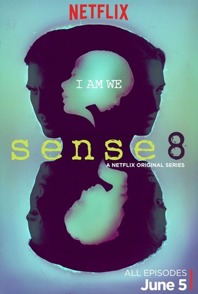 The poster features an abstract portrayal of eight heads spiralling out from a central point, resembling a sample under a microscope. The eight heads belong to the main characters of the series, Sun Bak (a South Korean woman portrayed by Bae Doona), Nomi Marks (a white trans woman from San Francisco protrayed by Jamie Clayton), Kala Dandekar (an Indian woman portrayed by Tina Desai), Riley Blue (a white Icelandic woman portrayed by Tuppence Middleton), Wolfgang Bogdanow (a white German man portrayed by Max Riemelt), Lito Rodriguez (a Mexican man portrayed by Miguel Ángel Silvestre), Will Gorski (a white man from Chicago portrayed by Brian J. Smith), and Capheus Onyango (a black Kenyan man portrayed by Aml Ameen). The background is a mixed gradient of various greens and blues. The series title, "Sense8," is written with "Sense" in light green and "8" in black across the centre of the poster. Above the title, centered between two heads is the series tagline "I am we."