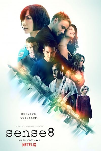 The eight central characters are arrayed in a diagonal cluster along the upper right side of the poster. Beneath them, a mirrored projection of the London cityscape slices diagonally downwards and cuts them out of the poster's bottom left corner, which features the series title, "Sense8," as well as the second season's tagline, "Survive. Together." At the top left of the cluster of people is Sun Bak, a South Korean woman with short black hair in a bright blue prison uniform, portrayed by Bae Doona, who stares achingly off to the left. Below her is Will Gorski, a white man with close-cropped brown hair and facial stubble wearing a plain grey shirt, portrayed by Brian J. Smith, who stares slightly down past camera with a frown. A little further to the right is Lito Rodriguez, a Mexican man with black hair and facial stubble wearing a dark blue shirt, portrayed by Miguel Ángel Silvestre, who also stares down past camera with a frown. Above Will and Lito, to Sun's right, Wolfgang Bogdanow embaces Kala Dandekar from behind. Wolfgang is a white German man with blonde hair and a beard wearing dark clothes, portrayed by Max Riemelt. Kala is an Indian woman with long black hair wearing a sheer black dress with bare shoulders, portrayed by Tina Desai. Both are smiling. Beneath them, to the right of Lito is Capheus Onyango, a bald black Kenyan man with a light blue shirt portrayed by Toby Onwumere, who looks off to the left mid-speech. To the right of and slightly above Capheus is Nomi Marks, a white trans woman with long brown hair wearing a peach dress, portrayed by Jamie Clayton, who stands in profile and looks off to the right. Finally, at the bottom right of the cluster is Riley Blue, a white Icelandic woman with bleached-blonde hair featuring a prominent streak of blue paint, wearing a dark red hand-knit sweater, portrayed by Tuppence Middleton, who stares off slightly to the right.
