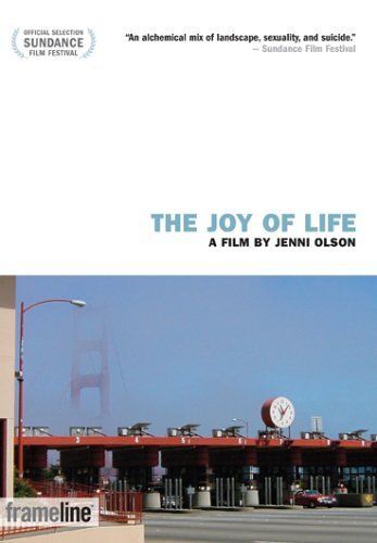 This documentary film poster is vertically blocked into two halves; the top half is text that presents the film title and director on a white background with endorsement from Sundance Film Festival including the quote "An alchemical mix of landscape, sexuality and suicide." The bottom half is a landscape photo of a sunny day at an official border with a foggy view of the San Francisco bridge.