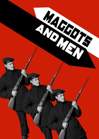 This experimental historical film is presented through a bold graphic poster that uses only black, white, red and shades of grey with minimal simplistic shapes. The background is a solid red colour with arrow shapes in opposite directions, one in black and one in white. On these arrows reads the film's title in contrasing black and white. The picture of a man in historical army attire including a beret and button coat is repeated three times in a diagonal fashion across the poster.