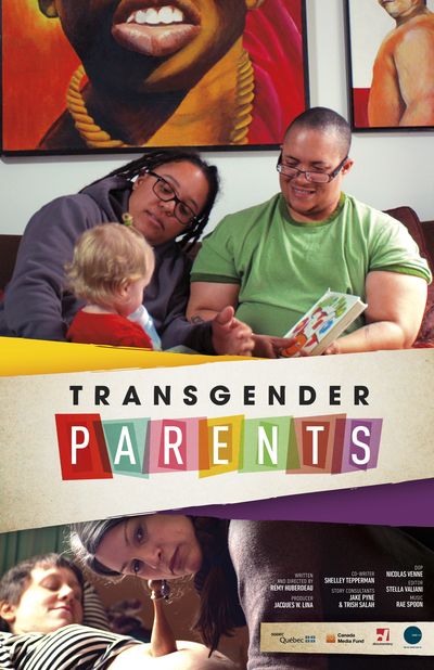 Multiple images of trans parenting dynamics with diverse backgrounds are collaged together on the documentary poster. The film title "Transgender Parents" is presented in a style that resembles children's multicolour play blocks. The film's sponsors and crew are included on the bottom right corner.