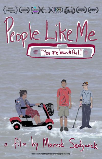 It's a drawn poster with a gray background with three people on it. The person on the left is sitting on a red scooter with a basket in the front. The person has light brown skin, brown hair, a gray jacket, and red bottoms. The person to the right has light brown skin with short brown hair. They are standing and wearing a red t-shirt and khaki shorts. The person to the right of them has light skin and is wearing a light blue t-shirt with the transgender symbol on it and gray pants with a crutch on their right arm.