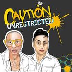 Animated image of two light skinned AFAB folks. On the left: a bald person with yellow rim glasses. On the right: a person with dark short hair. Both people are wearing white shirts. The background is dark, with the words "Caution" (in yellow) "Unrestricted" (in white) on top, overhead.