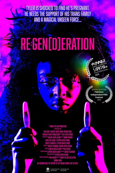 Tyler, a young black trans man, stares at stares at the pregnancy tests he holds in each hand. The camera tightly frames Tyler's face, with pink and blue coloured lights washing over him.