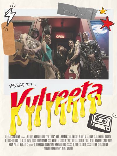 The poster riffs on a handmade, collage, punk style. 5 members pose in front of a venue with 2 guitars. The title, Vulveeta, is written in large red lettering and drips a yellow liquid off it.
