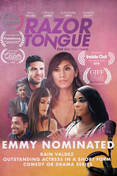 A classic "floating heads"-style poster featuring Belle (Rain Valdez), Austin (Sterling Jones), Ariel (Alexandra Grey), Roselyne (Carmen Scott), Timmy (Shaan Dasani), John (Randy Aronson), and Lucy (Sarah Parlow) in front of a lavender background. The poster is littered with accolades, the most prominent being Rain Valdez's Emmy Nomination for Outstanding Actress in a Short Form Comedy or Drama Series.