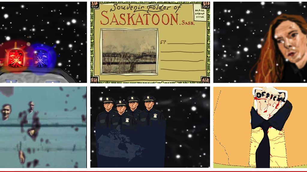 Still from Feeling Reserved: Alexus’ Story (2011). A grid of 6 illustrations: a police car’s sirens against a snowy night sky, a postcard titled “Souvenir Folder of Saskatoon. Sask. with a photo of a bridge, a portrait of a person with light skin and long red hair against a snowy night sky, two people emerging from splotches over a blue background, a squad of four light-skinned police at attention under a map of Canada, a map of Saskatchewan wearing a necktie with the word OFFICIAL above.